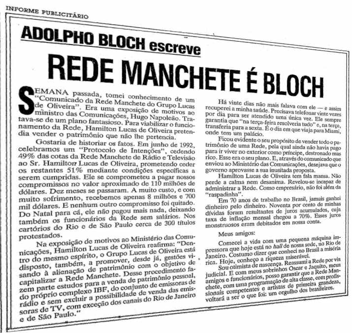Carta de Adolpho Bloch sobre retomada da Manchete - 1993